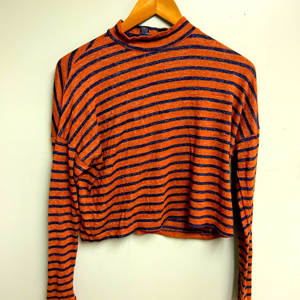 Forever 21 Orange and Blue Long Sleeve Mock Neck Cropped Sweatshirt
